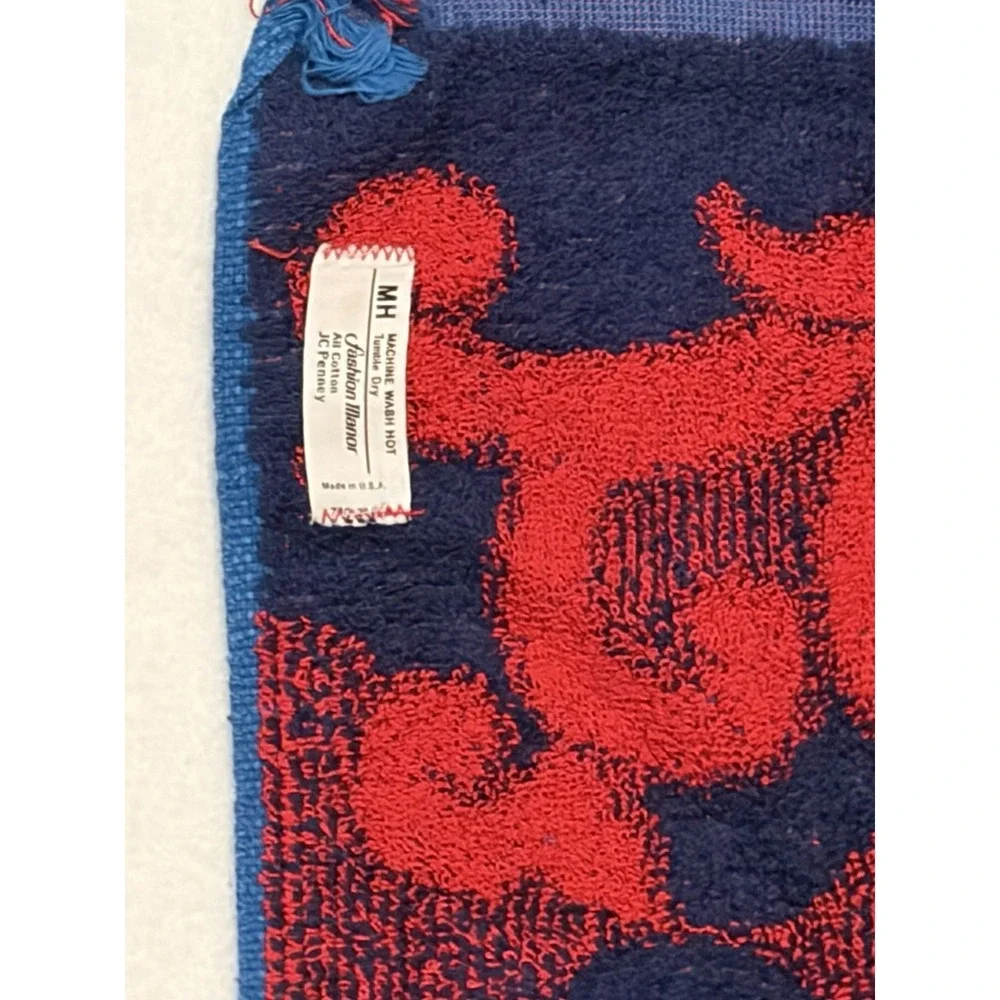 Fashion Manor 5pc Vtg Bath Towel/Washcloth/HandTowel Set/BlueRed/60s-70's/Fringe